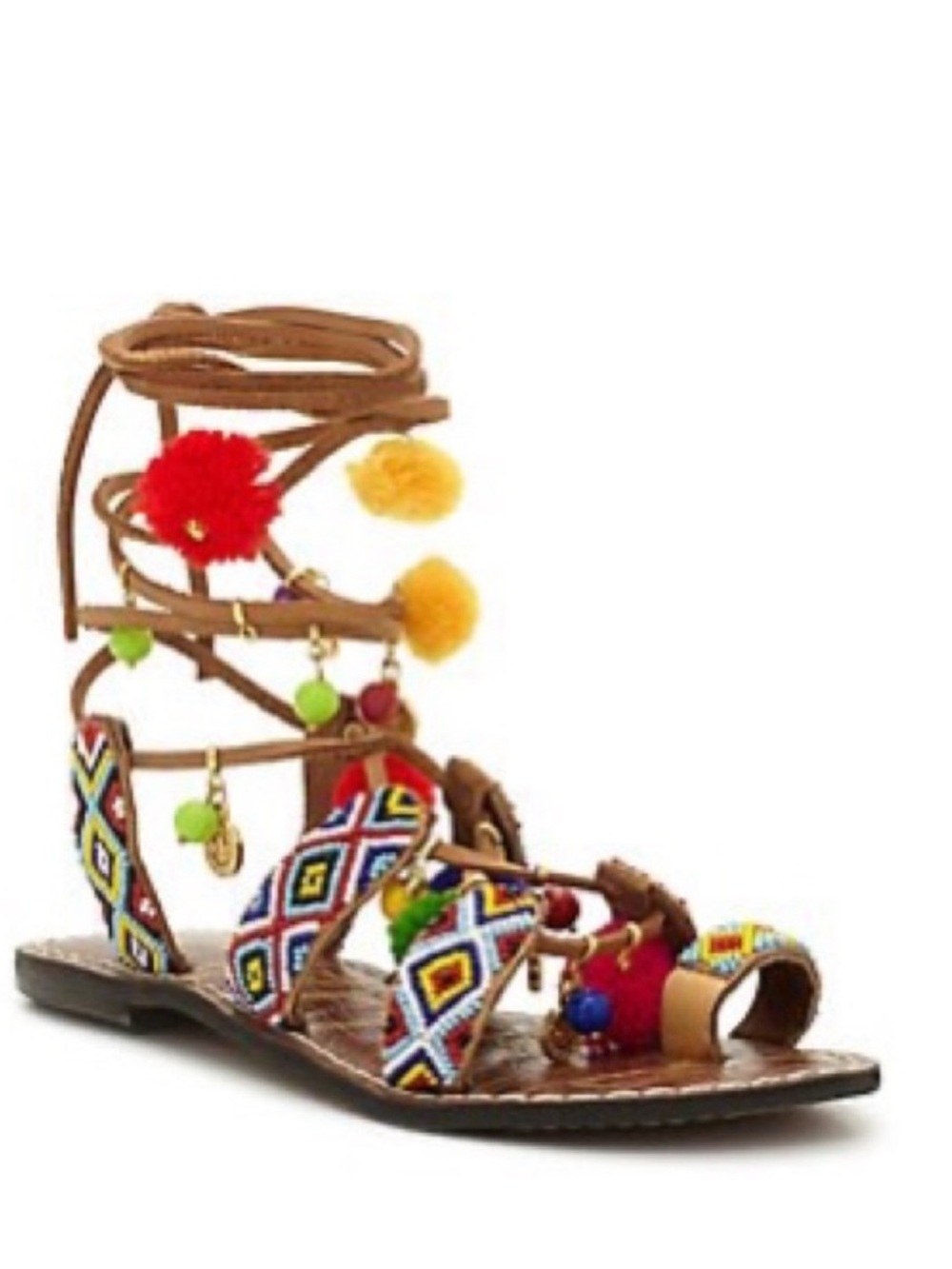 Sam Edelman Beaded Pom Pom Lace-Up Gladiator Sandals 7.5 festival coachella